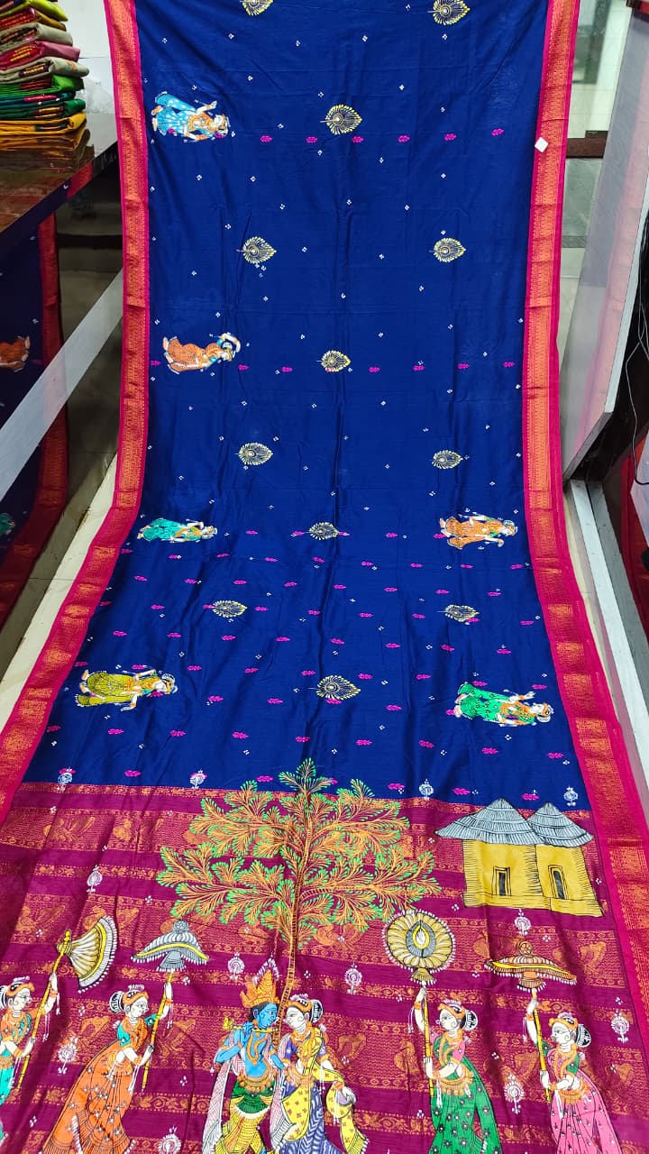Blue Magenta Radha Krishna Rasa Theme Pattachitra South Cotton Saree