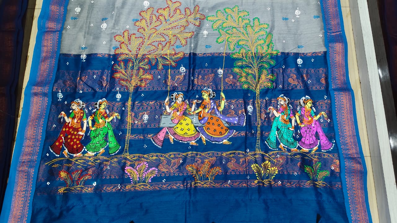 Grey Blue Raja Doli Theme Pattachitra South Cotton Saree