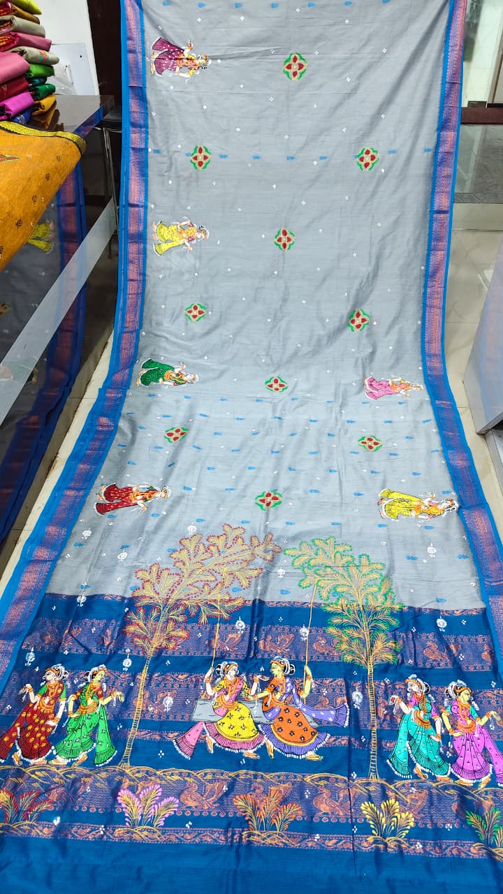 Grey Blue Raja Doli Theme Pattachitra South Cotton Saree