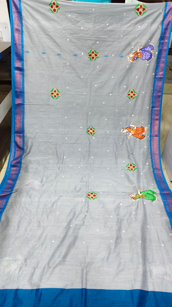 Grey Blue Raja Doli Theme Pattachitra South Cotton Saree