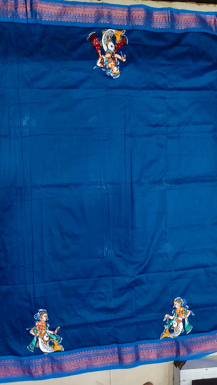 Navy Blue Mastya Kanya Theme Pattachitra South Cotton Saree