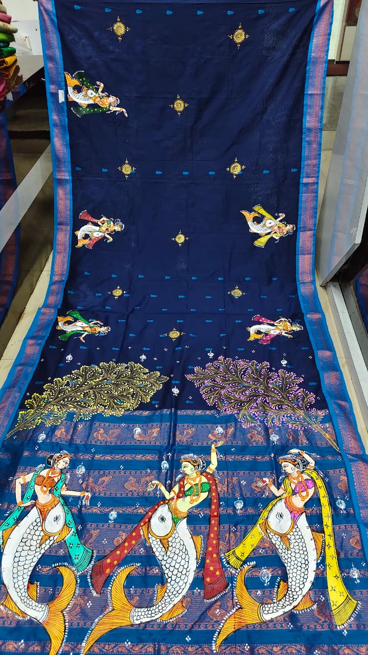 Navy Blue Mastya Kanya Theme Pattachitra South Cotton Saree