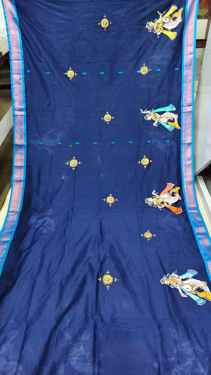 Navy Blue Mastya Kanya Theme Pattachitra South Cotton Saree