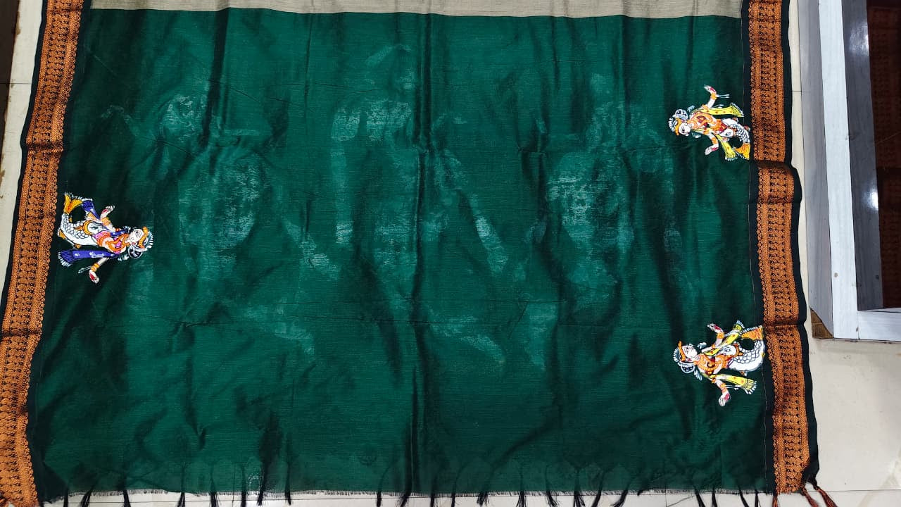 Grey Green Mastya Kanya Theme Pattachitra South Cotton Saree
