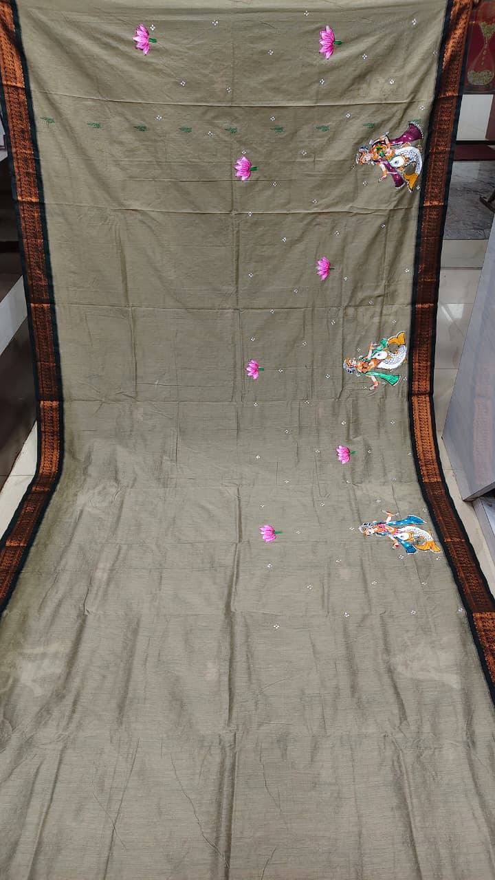 Grey Green Mastya Kanya Theme Pattachitra South Cotton Saree