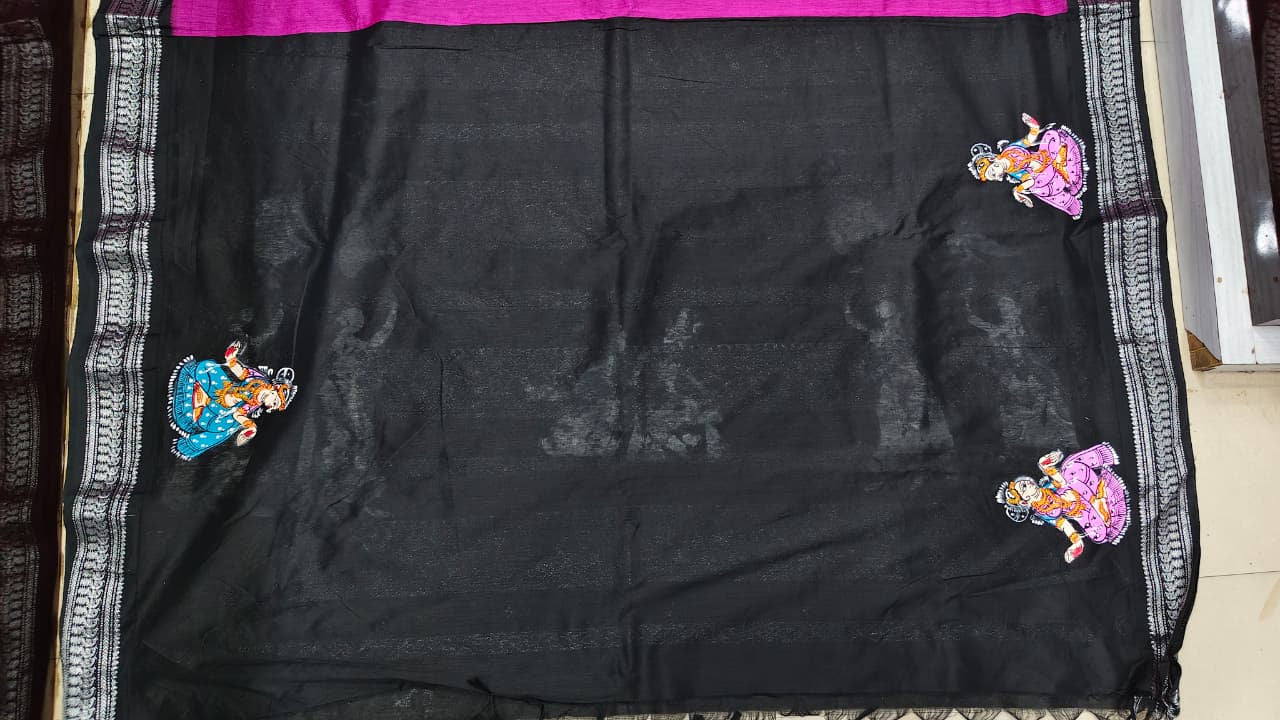 Magenta Black Radha Krishna Raja Doli Theme Pattachitra South Cotton Saree