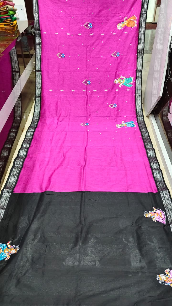 Magenta Black Radha Krishna Raja Doli Theme Pattachitra South Cotton Saree