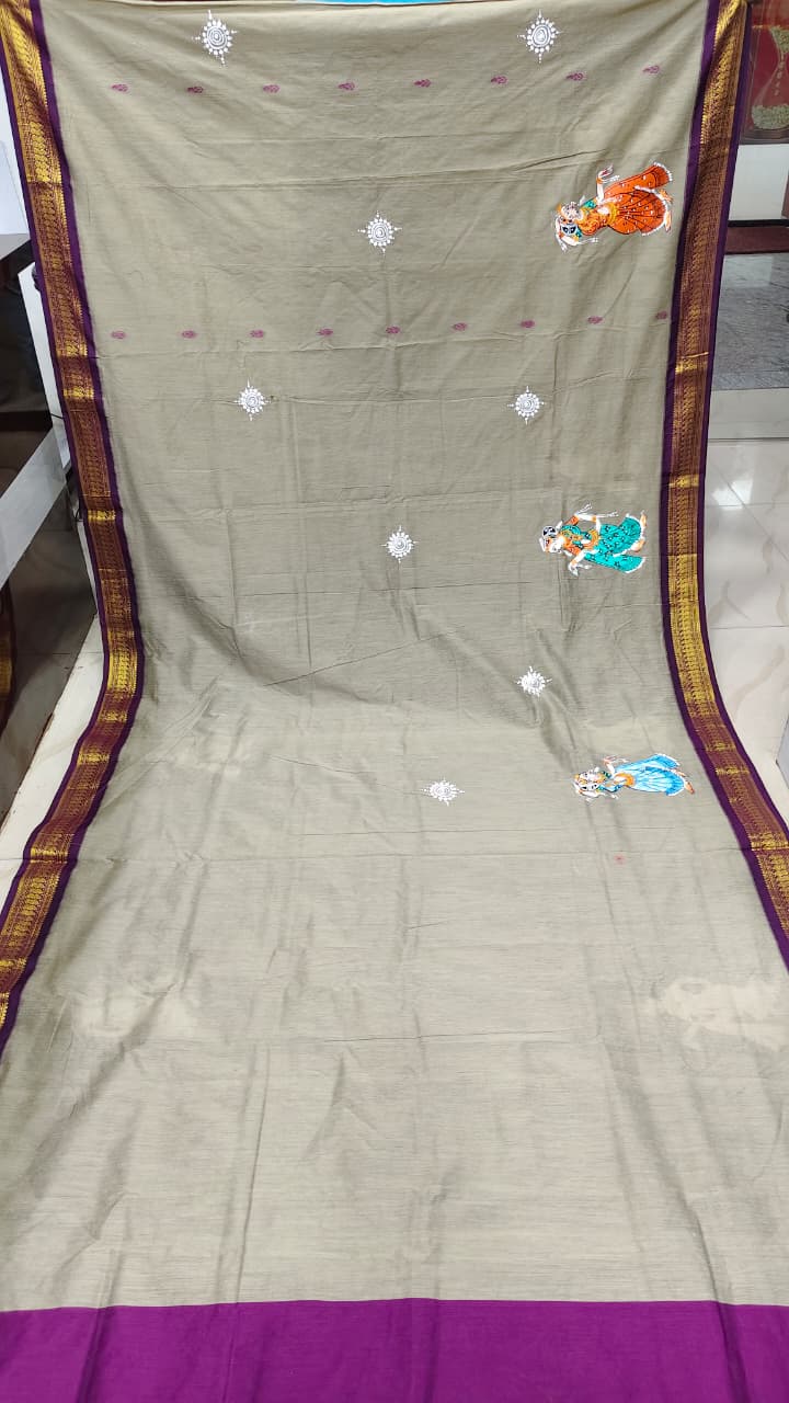 Grey Purple Sakhi Rasa Theme Pattachitra South Cotton Saree