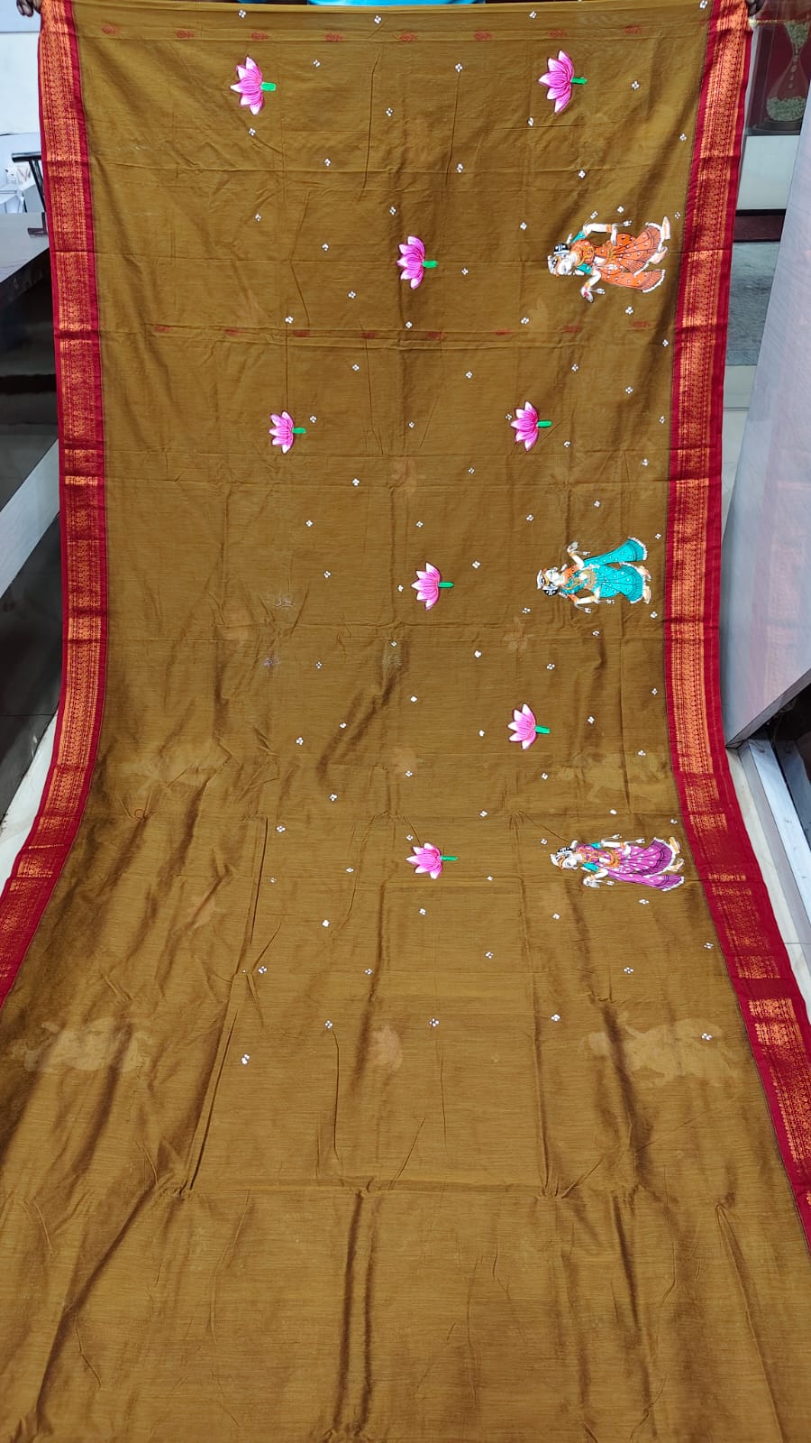 Mustard Yellow Maroon Radha Krishna Raja Doli Theme Pattachitra South Cotton Saree