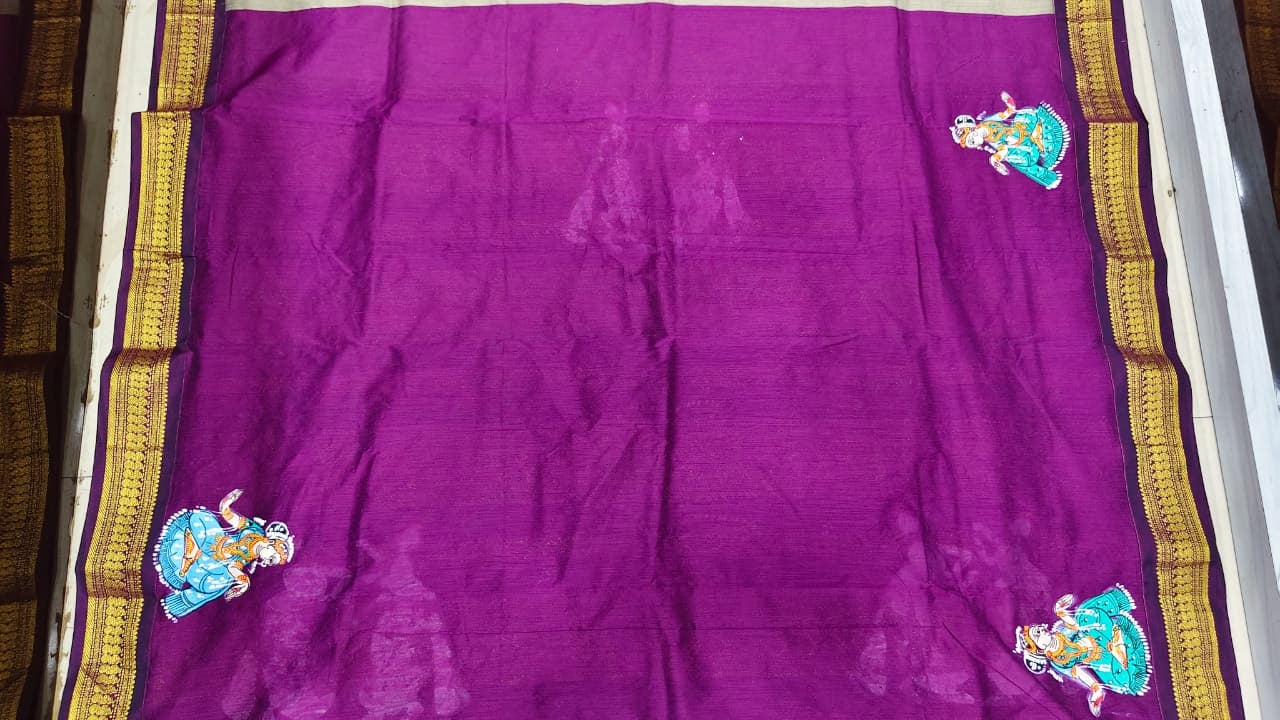 Grey Purple Sakhi Rasa Theme Pattachitra South Cotton Saree