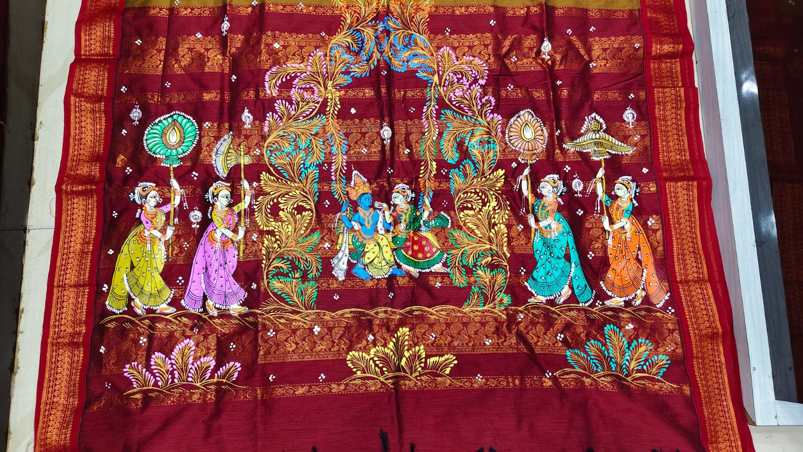 Mustard Yellow Maroon Radha Krishna Raja Doli Theme Pattachitra South Cotton Saree