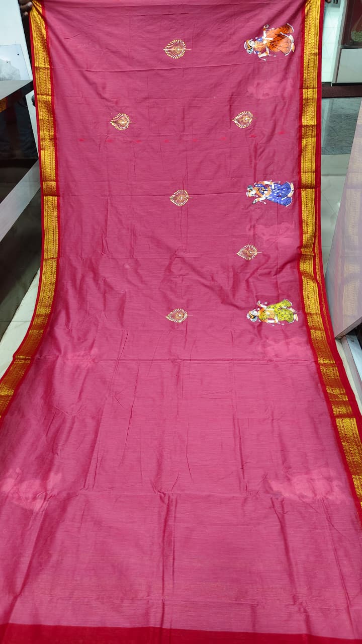 pinkish red Radha Krishna Rasa Theme Pattachitra South Cotton Saree