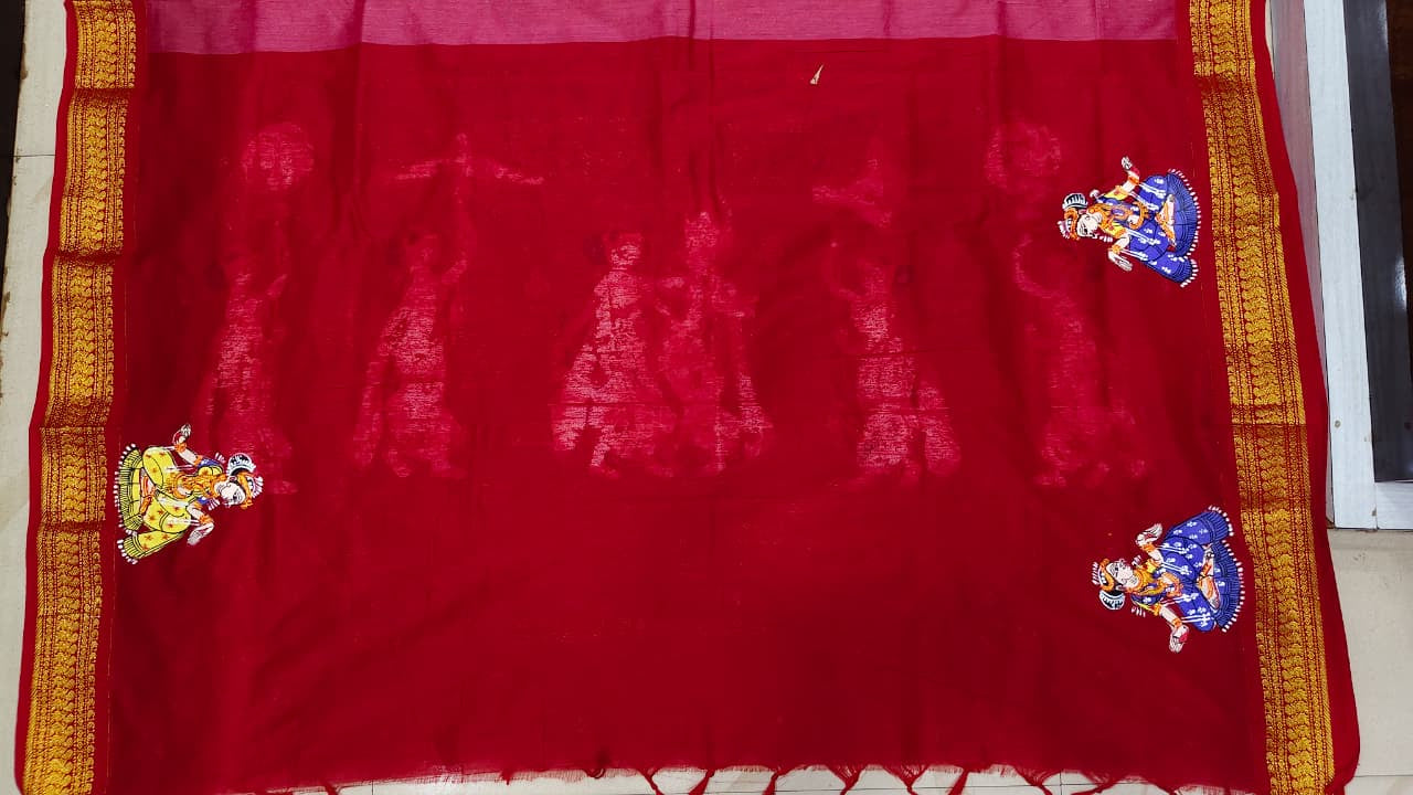 pinkish red Radha Krishna Rasa Theme Pattachitra South Cotton Saree