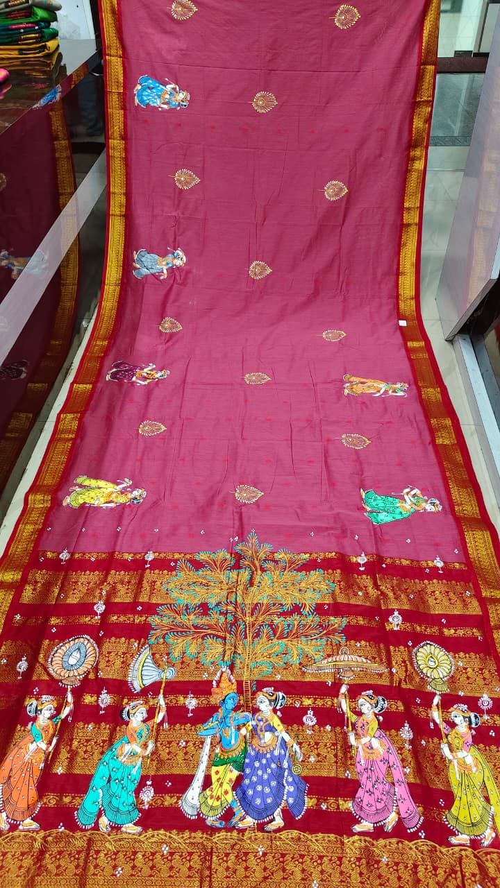pinkish red Radha Krishna Rasa Theme Pattachitra South Cotton Saree