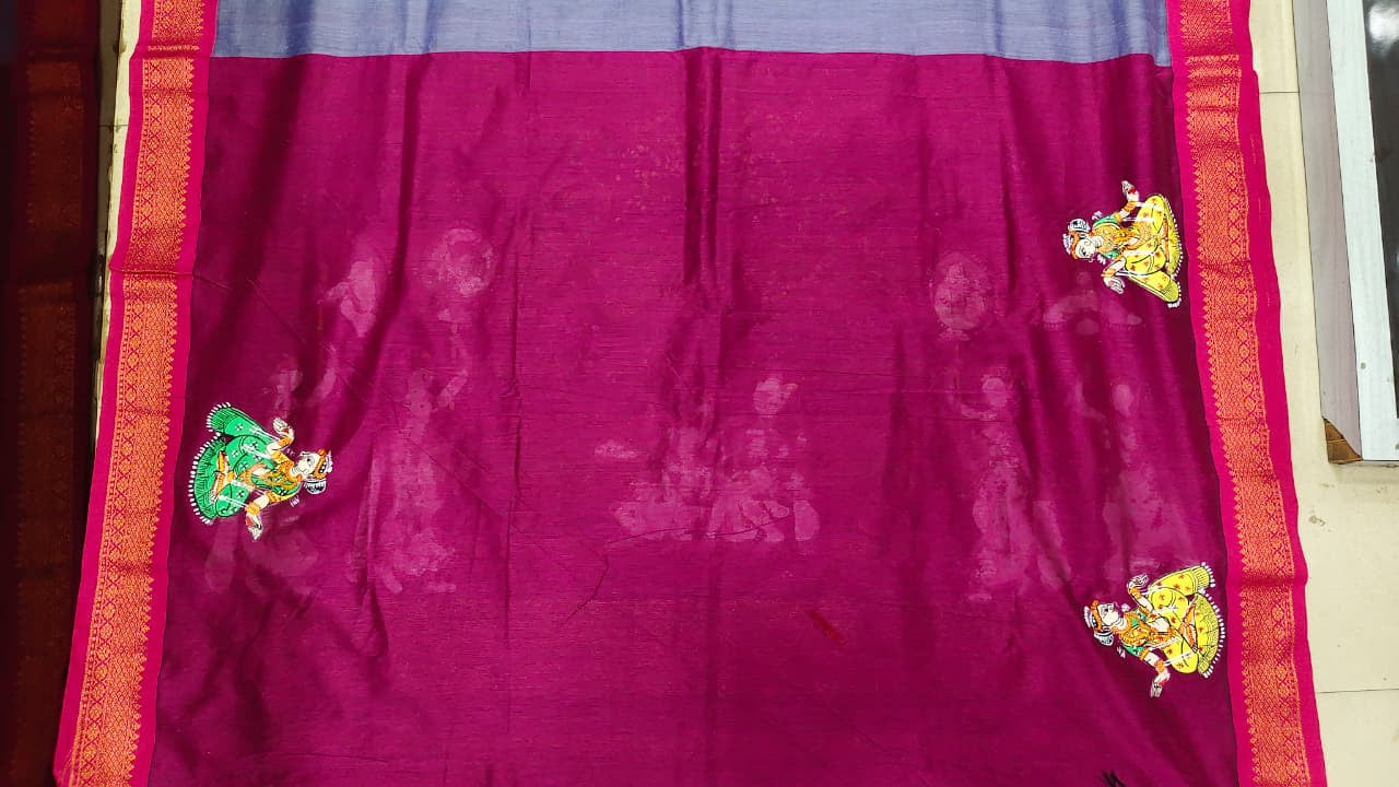 Grey Magenta Radha Krishna Raja Doli Theme Pattachitra South Cotton Saree