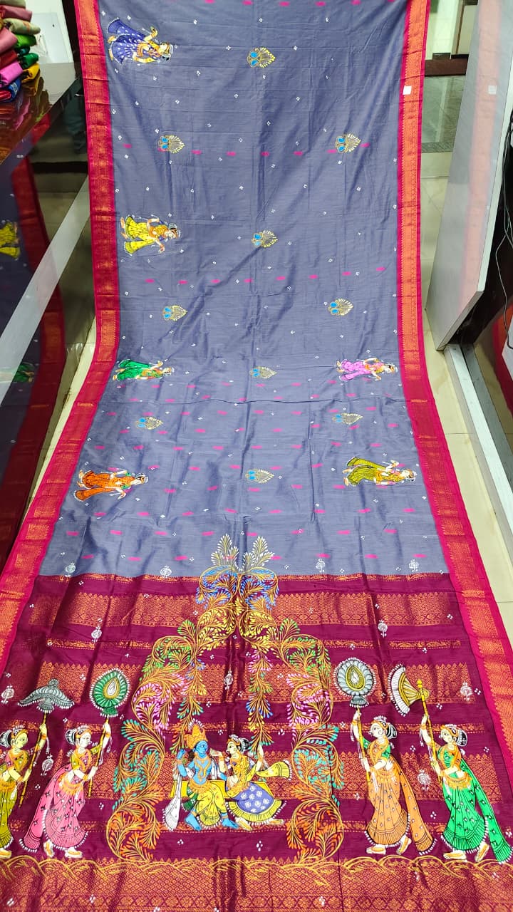 Grey Magenta Radha Krishna Raja Doli Theme Pattachitra South Cotton Saree