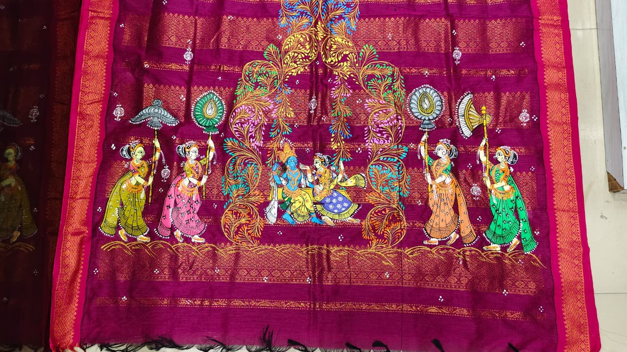 Grey Magenta Radha Krishna Raja Doli Theme Pattachitra South Cotton Saree