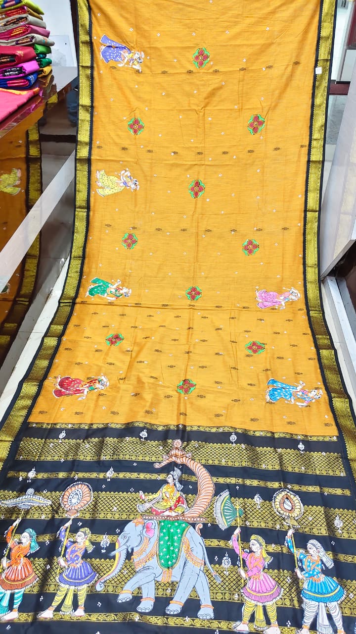 Yellow Black Ashoka Theme Pattachitra South Cotton Saree