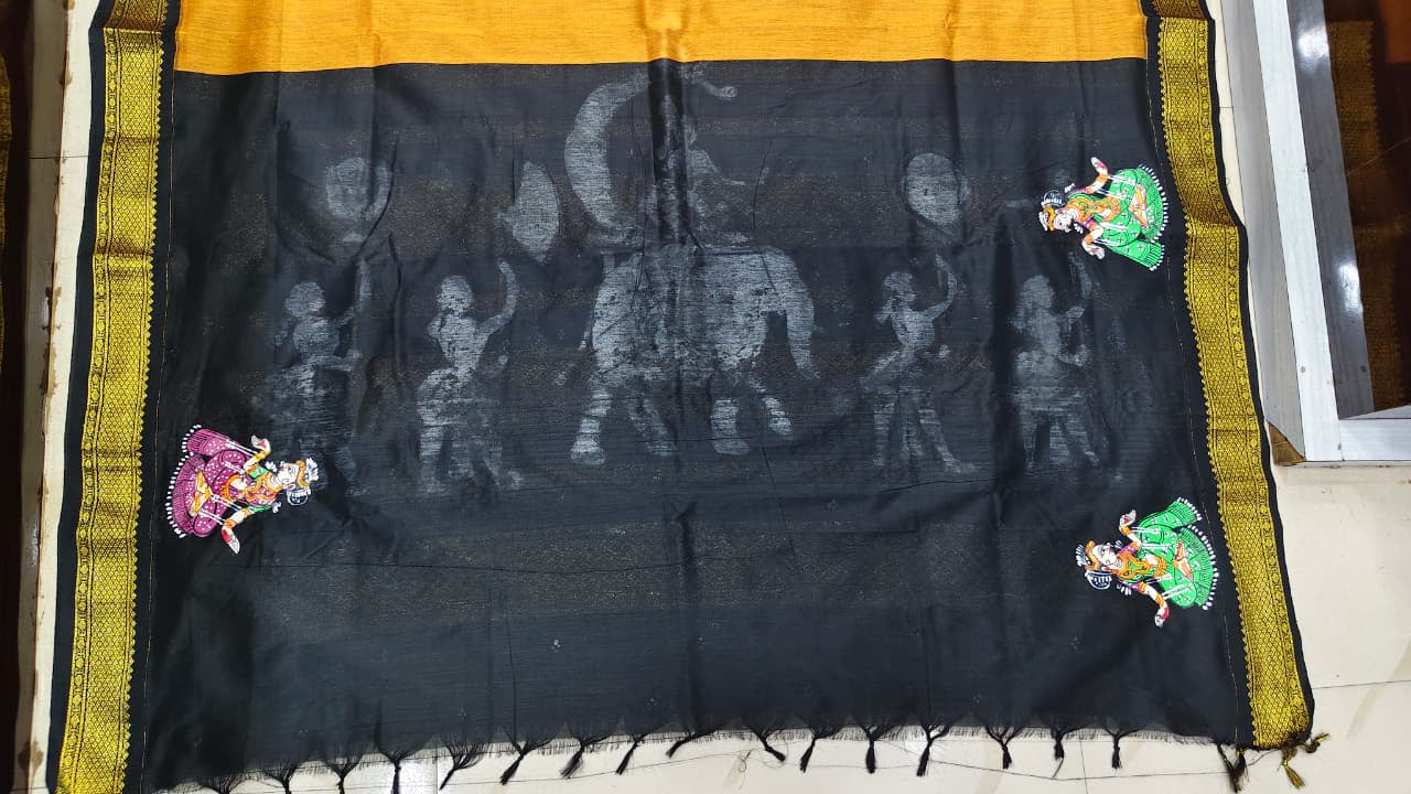Yellow Black Ashoka Theme Pattachitra South Cotton Saree