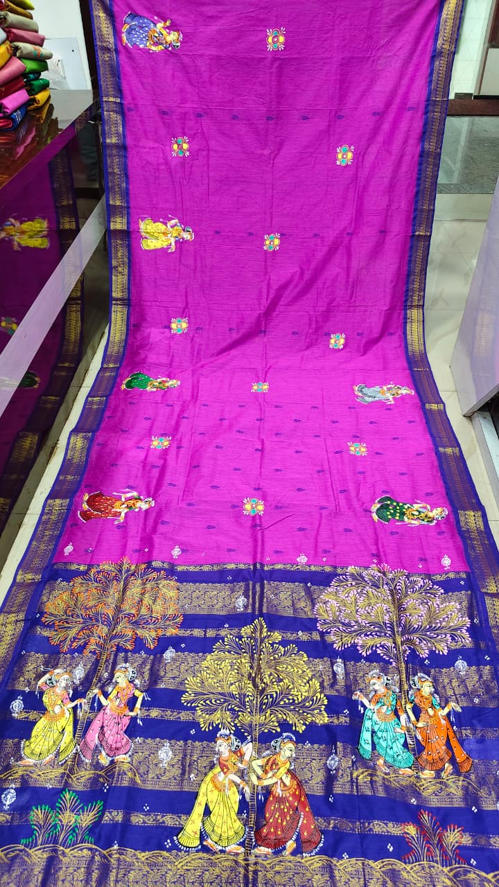 Rani Pink Blue Sakhi Rasa Theme Pattachitra South Cotton Saree