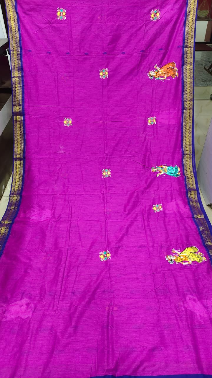 Rani Pink Blue Sakhi Rasa Theme Pattachitra South Cotton Saree