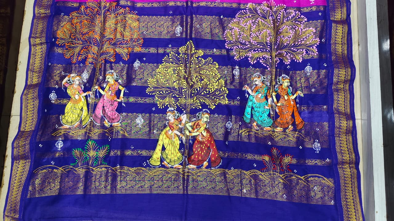 Rani Pink Blue Sakhi Rasa Theme Pattachitra South Cotton Saree