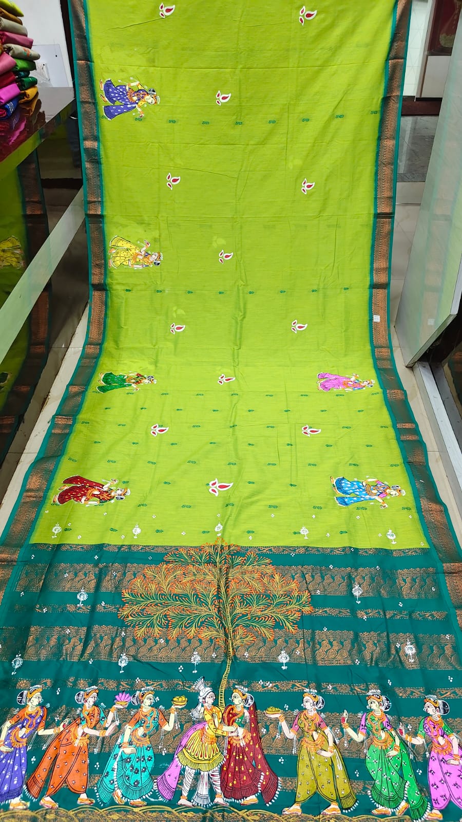 Lemon Green Marriage Theme Pattachitra South Cotton Saree
