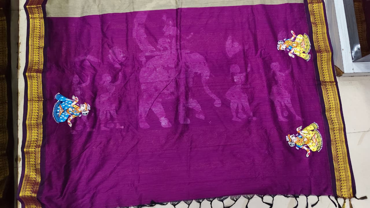 Grey Purple Ashoka Theme Pattachitra South Cotton Saree