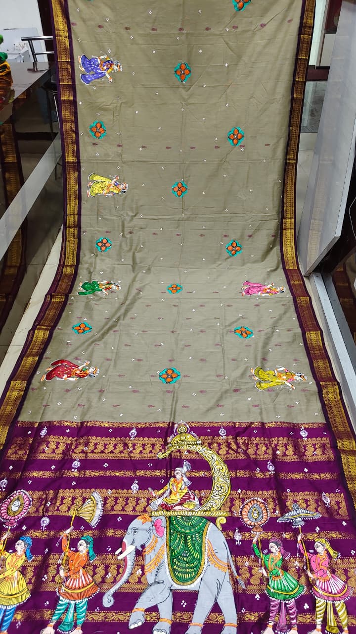 Grey Purple Ashoka Theme Pattachitra South Cotton Saree