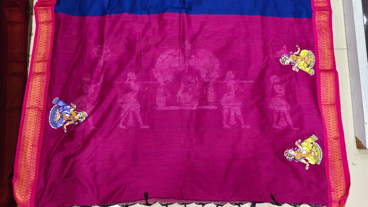 Blue Magenta Marriage Theme Pattachitra South Cotton Saree