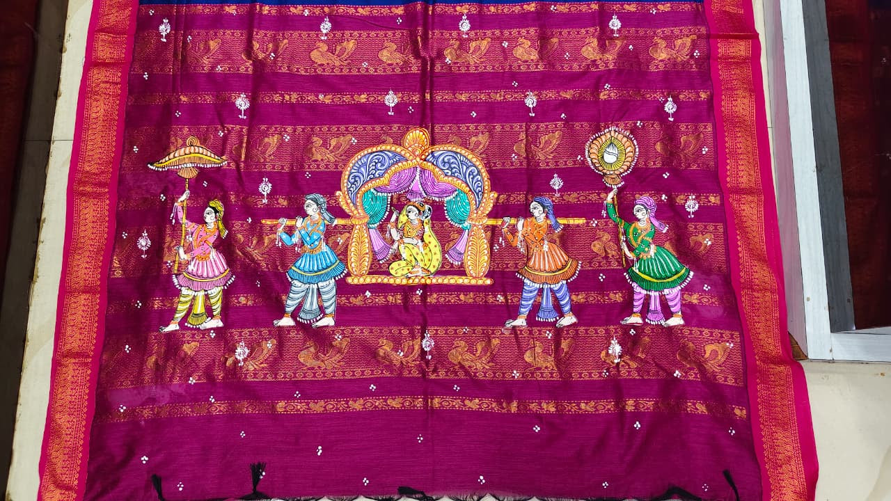 Blue Magenta Marriage Theme Pattachitra South Cotton Saree