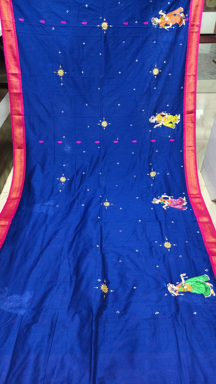 Blue Magenta Marriage Theme Pattachitra South Cotton Saree