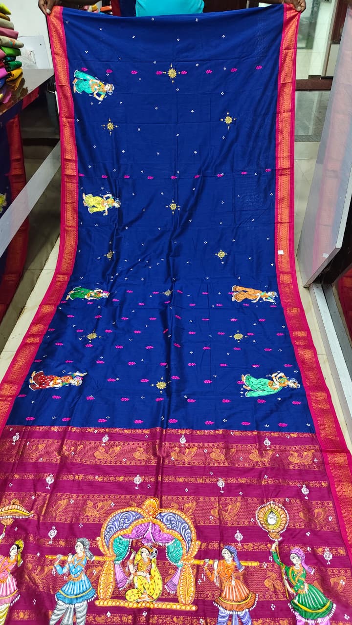 Blue Magenta Marriage Theme Pattachitra South Cotton Saree