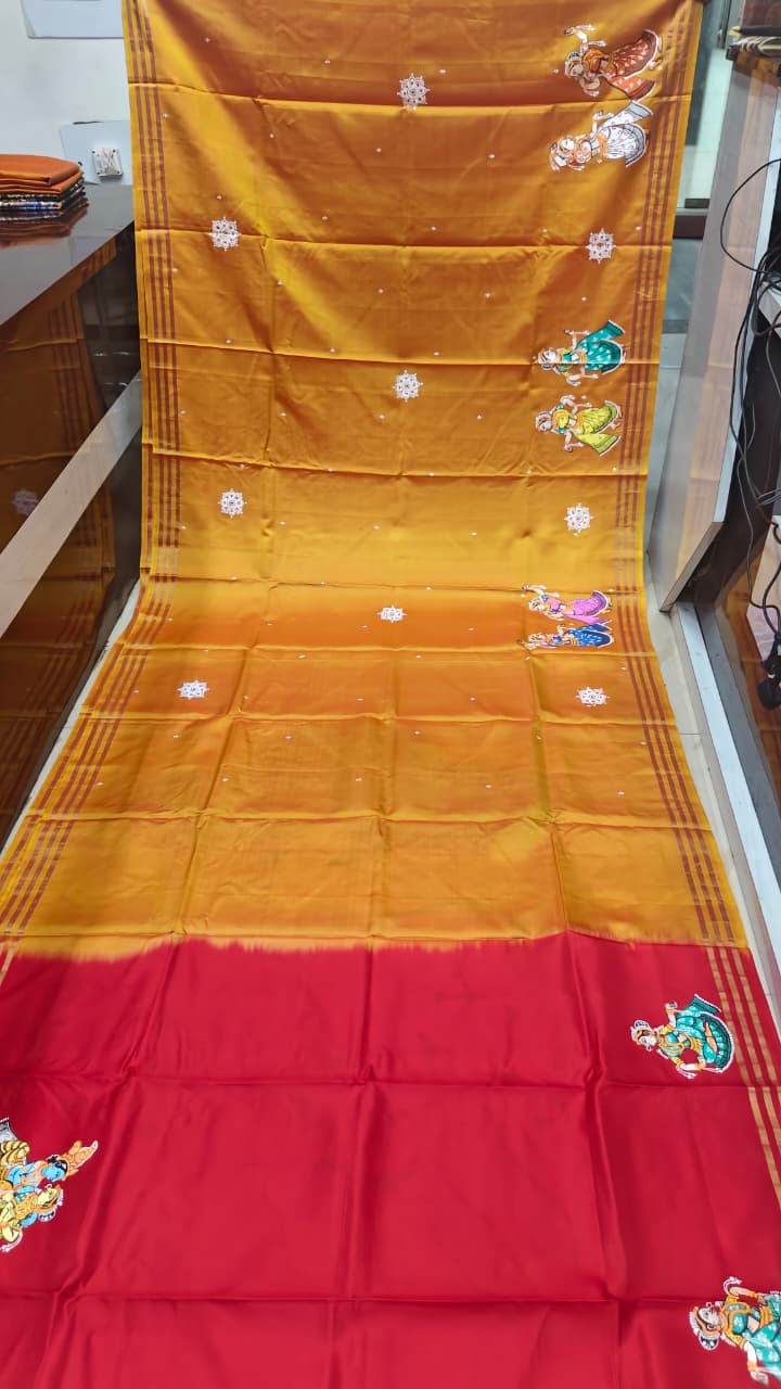 Yellow Red Kandarp Hasti Theme Pattachitra Kanjeeveram Silk Saree