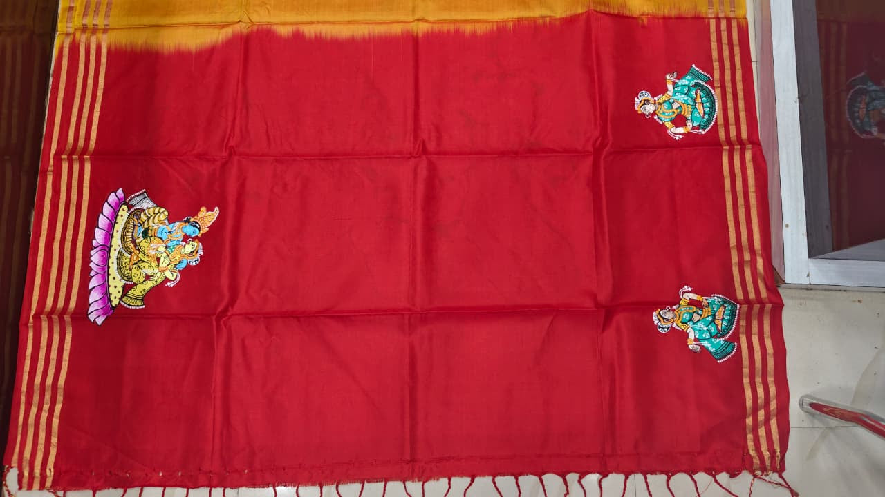 Yellow Red Kandarp Hasti Theme Pattachitra Kanjeeveram Silk Saree