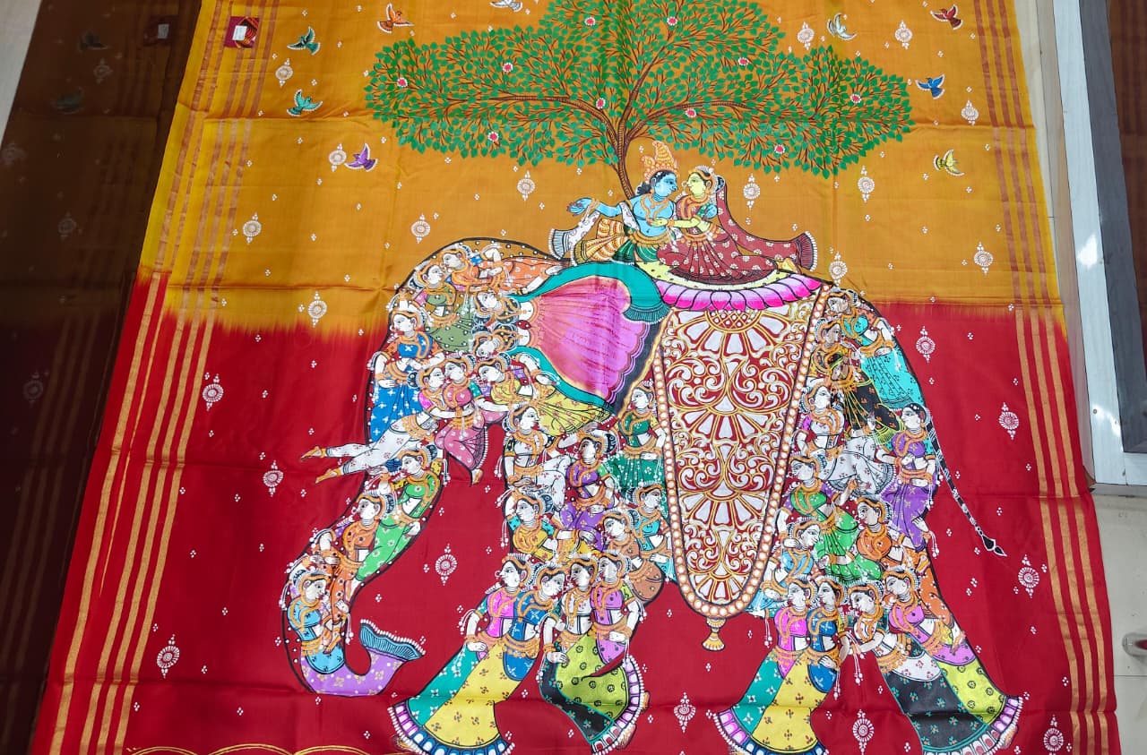 Yellow Red Kandarp Hasti Theme Pattachitra Kanjeeveram Silk Saree