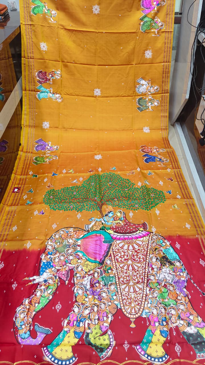 Yellow Red Kandarp Hasti Theme Pattachitra Kanjeeveram Silk Saree
