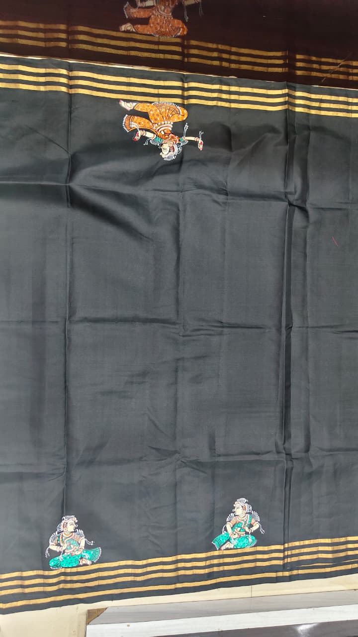 Black All Fastival Theme Pattachitra Kanjeeveram Silk Saree