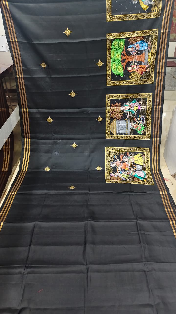 Black All Fastival Theme Pattachitra Kanjeeveram Silk Saree