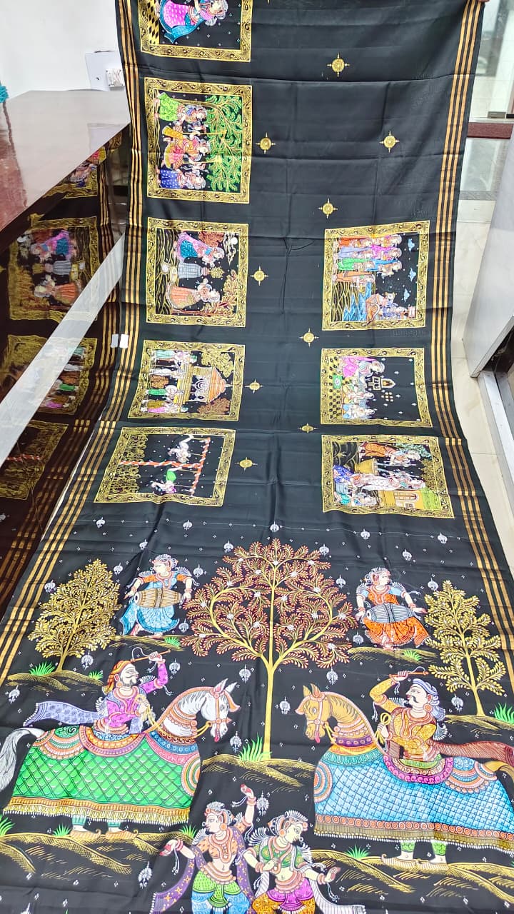 Black All Fastival Theme Pattachitra Kanjeeveram Silk Saree