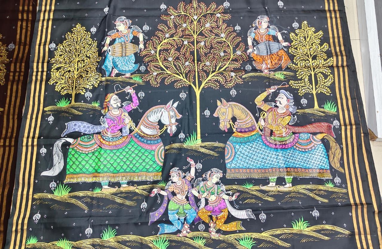 Black All Fastival Theme Pattachitra Kanjeeveram Silk Saree