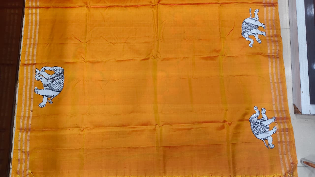 Orange Kandarp Hasti Theme Pattachitra Kanjeeveram Silk Saree