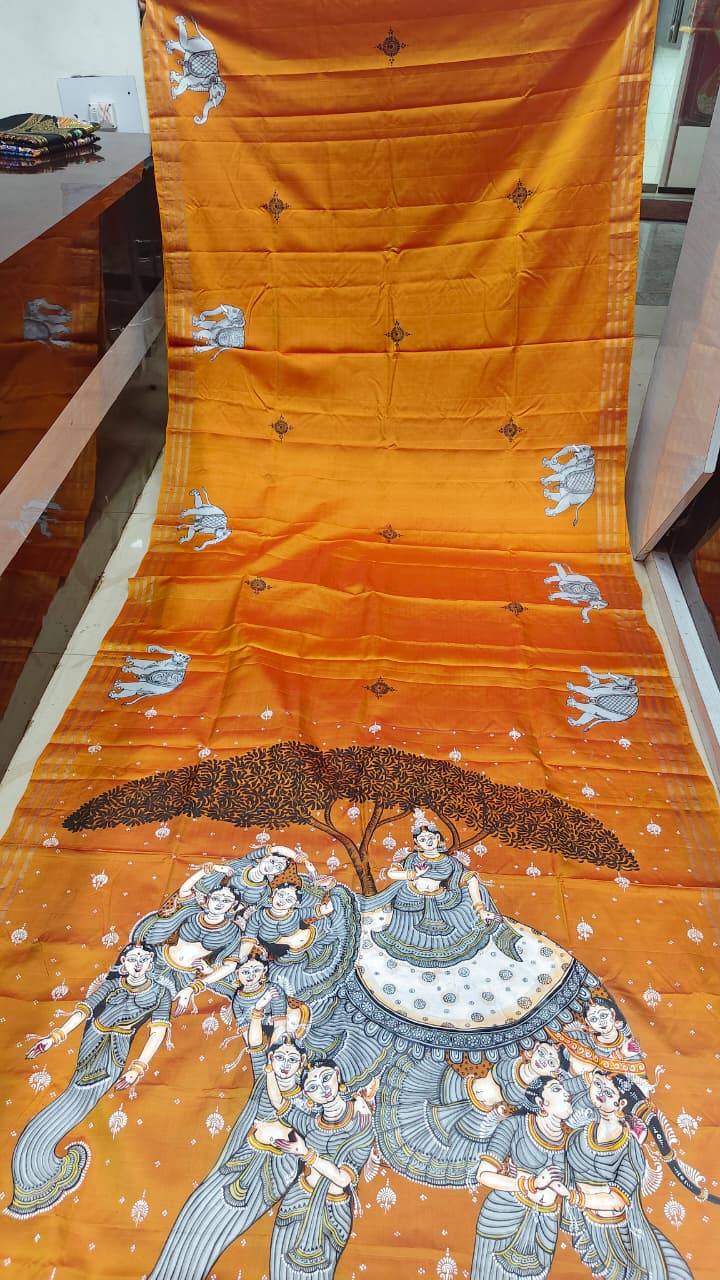 Orange Kandarp Hasti Theme Pattachitra Kanjeeveram Silk Saree