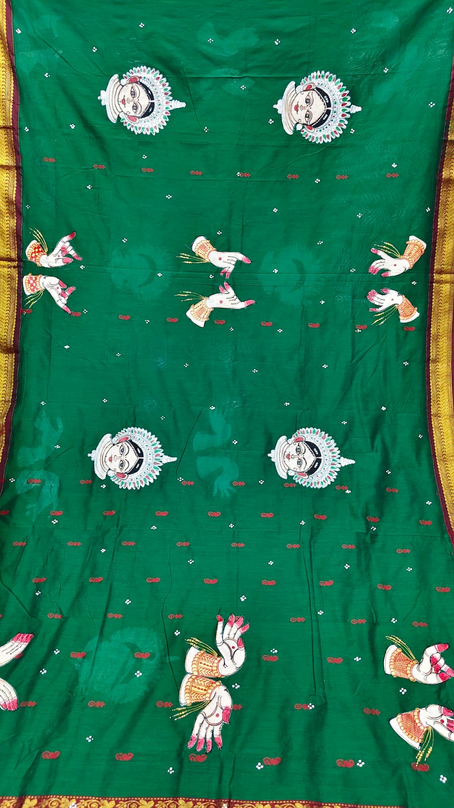 Green Maroon Odishi Face And Mudra Theme Pattachitra South Cotton Saree