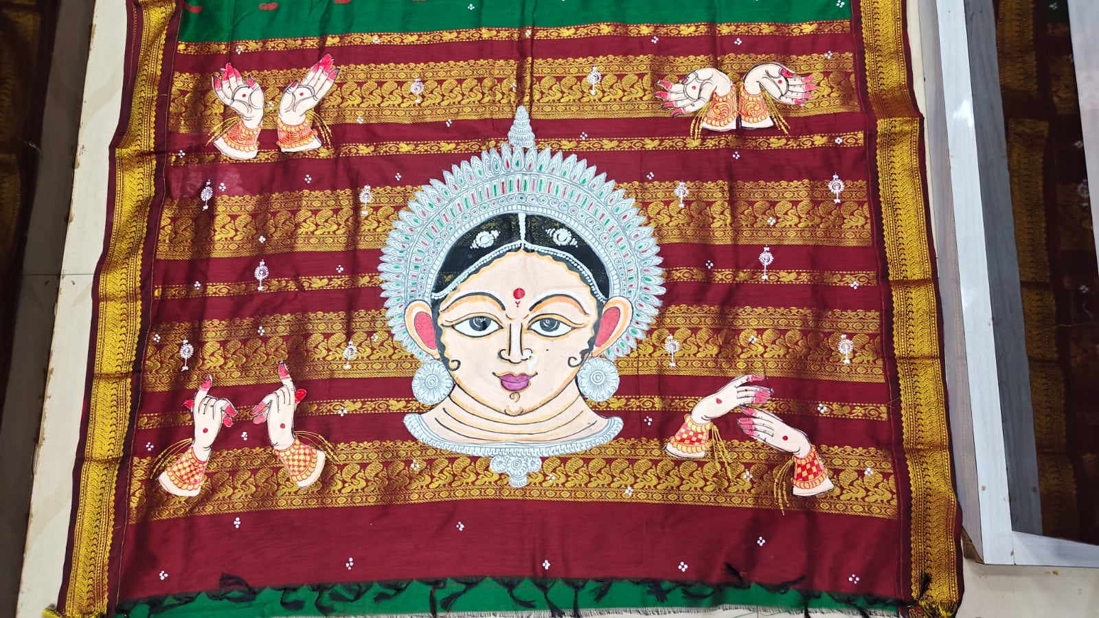 Green Maroon Odishi Face And Mudra Theme Pattachitra South Cotton Saree