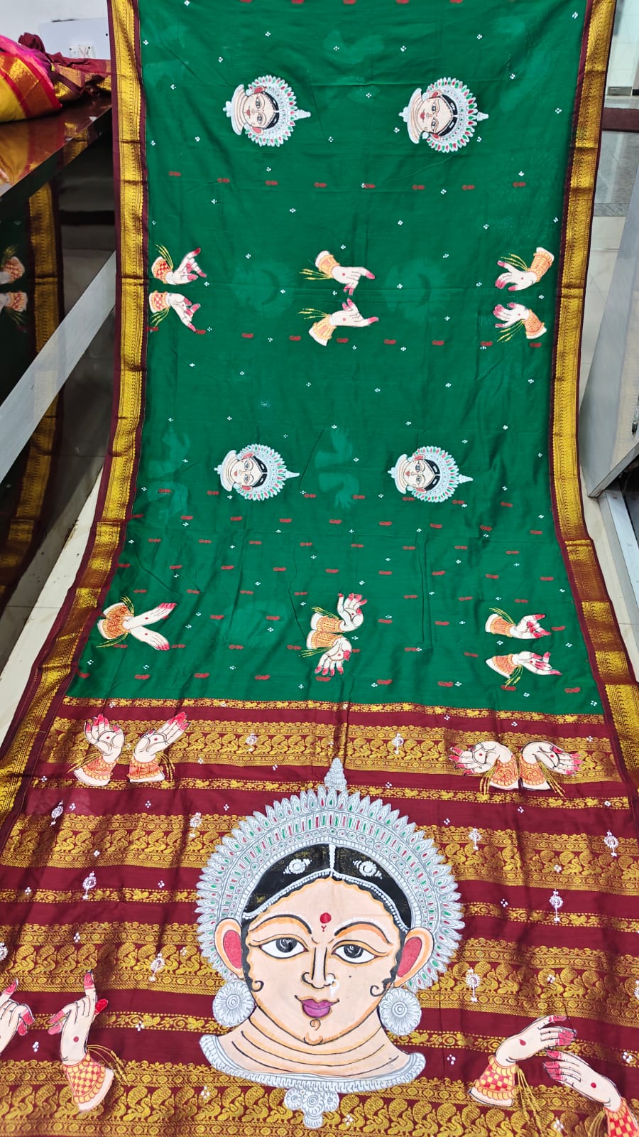 Green Maroon Odishi Face And Mudra Theme Pattachitra South Cotton Saree