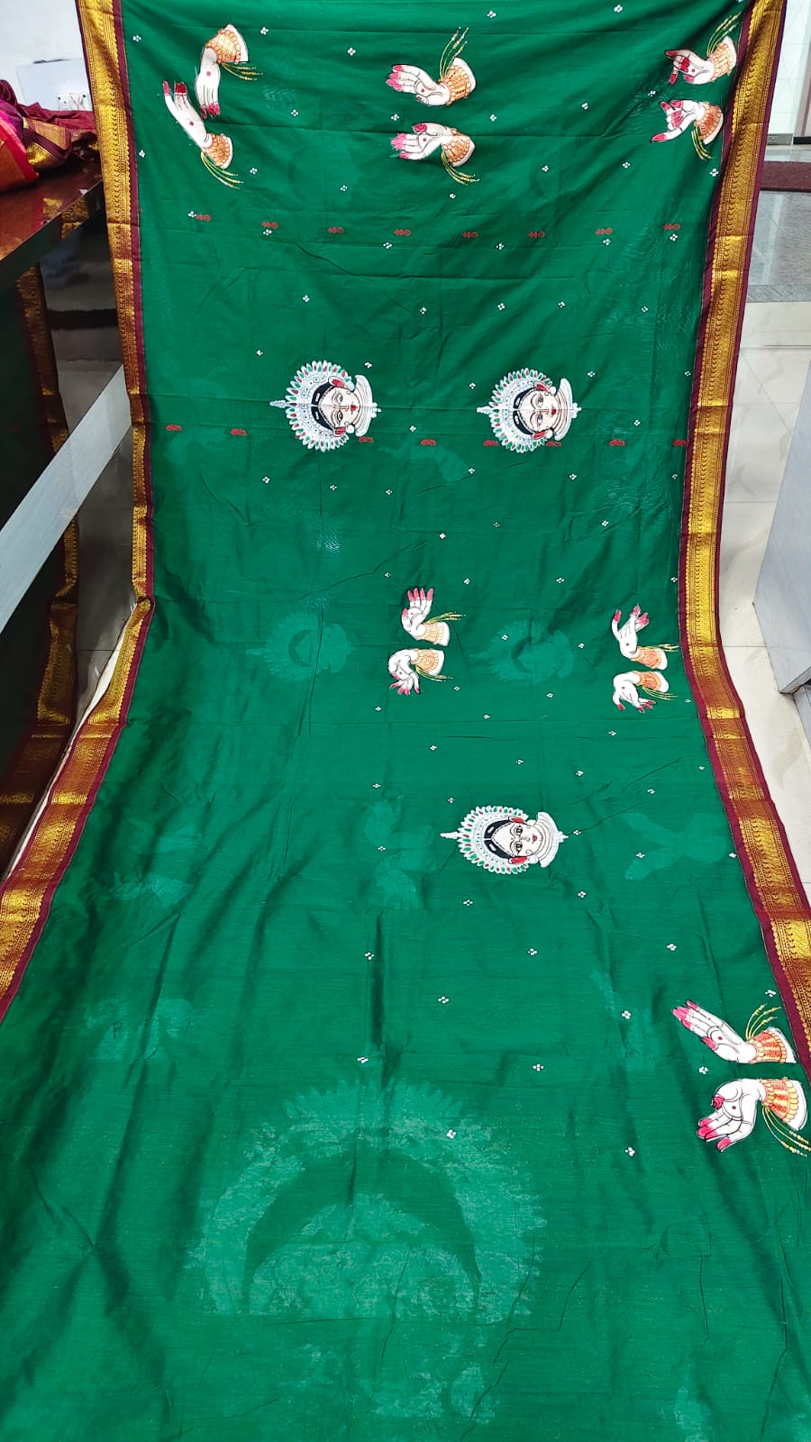 Green Maroon Odishi Face And Mudra Theme Pattachitra South Cotton Saree
