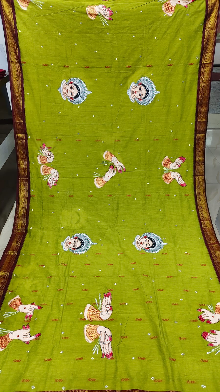 Lemon Green Maroon Odishi Face And Mudra Theme Pattachitra South Cotton Saree