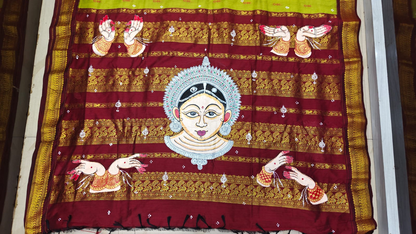 Lemon Green Maroon Odishi Face And Mudra Theme Pattachitra South Cotton Saree