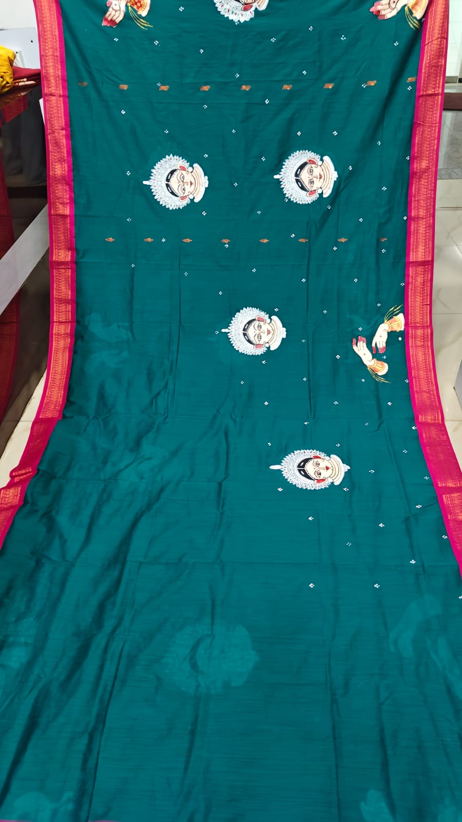 Rama Green Magenta Odishi Face And Mudra Theme Pattachitra South Cotton Saree